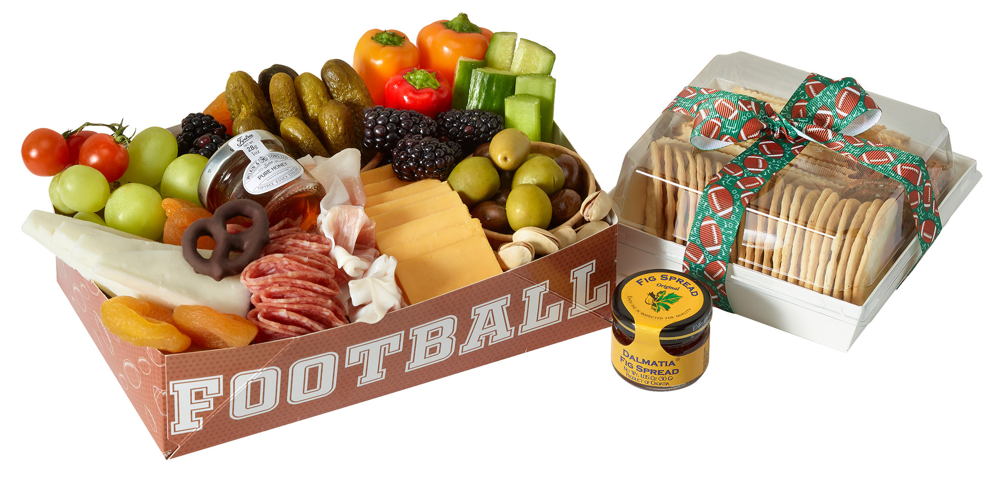 Touchdown Personal Charcuterie Box. Indulge in a delectable experience with our quality, fresh, gourmet, and organic ingredients. Our charcuterie box features precisely assorted cured meats, gourmet cheeses, nuts, and organic fruits and vegetables. To complement your tasting journey, we include an order of crackers, Fritos chips, honey, fig spread, and ranch dressing with your purchase. Photo Copyright Oak Tree Charcuterie